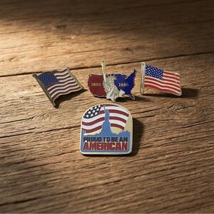 4 Vintage Patriotic USA Two Flag Pins and Two Statue of Liberty Pins